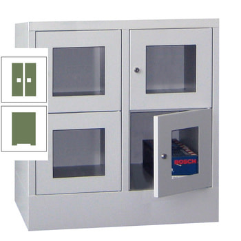 Schließfachschrank - Sichtfenstertüren - 4 Fächer a 400 mm - 855x800x500 mm (HxBxT) - Sockel - Zylinderschloss - resedagrün RAL 6011 Resedagrün | RAL 6011 Resedagrün