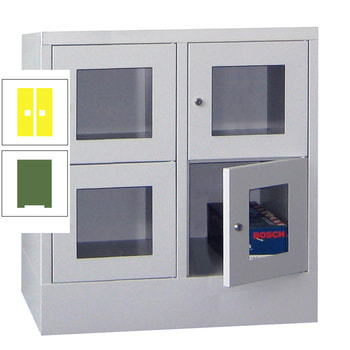 Schließfachschrank - Sichtfenstertüren - 4 Fächer a 400 mm - 855x800x500 mm (HxBxT) - Sockel - Zylinderschloss - resedagrün/zinkgelb RAL 1018 Zinkgelb | RAL 6011 Resedagrün