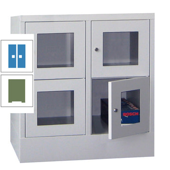 Schließfachschrank - Sichtfenstertüren - 4 Fächer a 400 mm - 855x800x500 mm (HxBxT) - Sockel - Zylinderschloss - resedagrün/lichtblau RAL 5012 Lichtblau | RAL 6011 Resedagrün