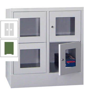Schließfachschrank - Sichtfenstertüren - 4 Fächer a 400 mm - 855x800x500 mm (HxBxT) - Sockel - Zylinderschloss - resedagrün/lichtgrau RAL 7035 Lichtgrau | RAL 6011 Resedagrün