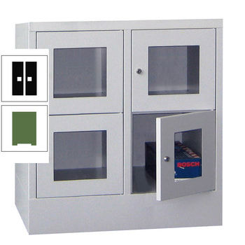 Schließfachschrank - Sichtfenstertüren - 4 Fächer a 400 mm - 855x800x500 mm (HxBxT) - Sockel - Zylinderschloss - resedagrün/tiefschwarz RAL 9005 Tiefschwarz | RAL 6011 Resedagrün