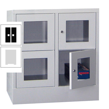 Schließfachschrank - Sichtfenstertüren - 4 Fächer a 400 mm - 855x800x500 mm (HxBxT) - Sockel - Zylinderschloss - lichtgrau/tiefschwarz RAL 9005 Tiefschwarz | RAL 7035 Lichtgrau