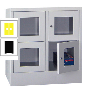 Schließfachschrank - Sichtfenstertüren - 4 Fächer a 400 mm - 855x800x500 mm (HxBxT) - Sockel - Zylinderschloss - tiefschwarz/zinkgelb RAL 1018 Zinkgelb | RAL 9005 Tiefschwarz