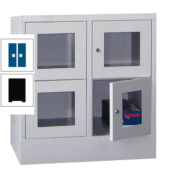 Schließfachschrank - Sichtfenstertüren - 4 Fächer a 400 mm - 855x800x500 mm (HxBxT) - Sockel - Zylinderschloss - tiefschwarz/enzianblau RAL 5010 Enzianblau | RAL 9005 Tiefschwarz