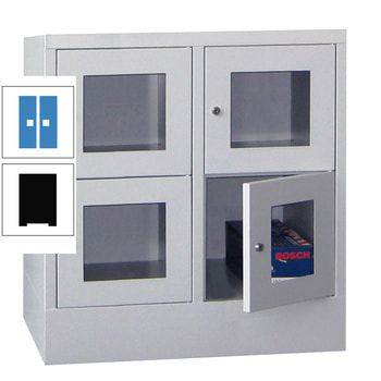 Schließfachschrank - Sichtfenstertüren - 4 Fächer a 400 mm - 855x800x500 mm (HxBxT) - Sockel - Zylinderschloss - tiefschwarz/lichtblau RAL 5012 Lichtblau | RAL 9005 Tiefschwarz