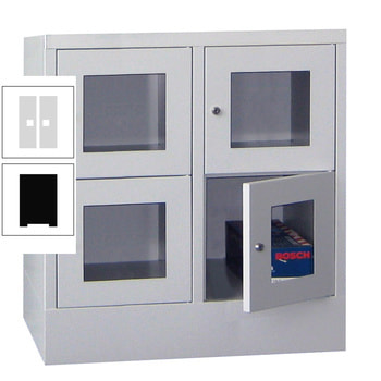 Schließfachschrank - Sichtfenstertüren - 4 Fächer a 400 mm - 855x800x500 mm (HxBxT) - Sockel - Zylinderschloss - tiefschwarz/lichtgrau RAL 7035 Lichtgrau | RAL 9005 Tiefschwarz