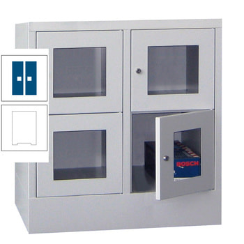 Schließfachschrank - Sichtfenstertüren - 4 Fächer a 400 mm - 855x800x500 mm (HxBxT) - Sockel - Zylinderschloss - reinweiß/enzianblau RAL 5010 Enzianblau | RAL 9010 Reinweiß
