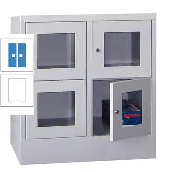 Schließfachschrank - Sichtfenstertüren - 4 Fächer a 400 mm - 855x800x500 mm (HxBxT) - Sockel - Zylinderschloss - reinweiß/lichtblau RAL 5012 Lichtblau | RAL 9010 Reinweiß