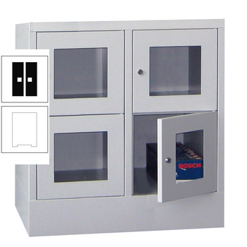 Schließfachschrank - Sichtfenstertüren - 4 Fächer a 400 mm - 855x800x500 mm (HxBxT) - Sockel - Zylinderschloss - reinweiß/tiefschwarz RAL 9005 Tiefschwarz | RAL 9010 Reinweiß