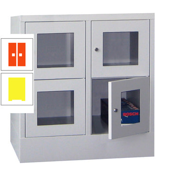 Schließfachschrank - Sichtfenstertüren - 4 Fächer a 400 mm - 855x800x500 mm (HxBxT) - Sockel - Drehriegel - zinkgelb/reinorange RAL 2004 Reinorange | RAL 1018 Zinkgelb