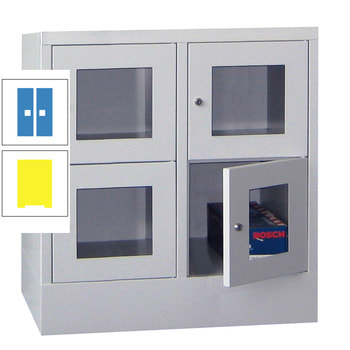 Schließfachschrank - Sichtfenstertüren - 4 Fächer a 400 mm - 855x800x500 mm (HxBxT) - Sockel - Drehriegel - zinkgelb/lichtblau RAL 5012 Lichtblau | RAL 1018 Zinkgelb