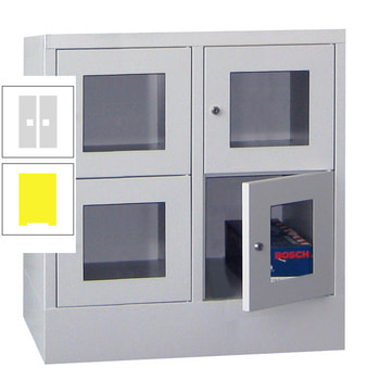 Schließfachschrank - Sichtfenstertüren - 4 Fächer a 400 mm - 855x800x500 mm (HxBxT) - Sockel - Drehriegel - zinkgelb/lichtgrau RAL 7035 Lichtgrau | RAL 1018 Zinkgelb