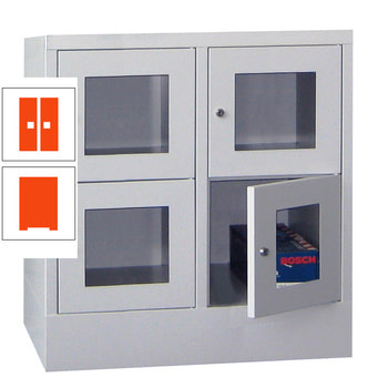 Schließfachschrank - Sichtfenstertüren - 4 Fächer a 400 mm - 855x800x500 mm (HxBxT) - Sockel - Drehriegel - reinorange RAL 2004 Reinorange | RAL 2004 Reinorange