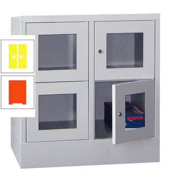 Schließfachschrank - Sichtfenstertüren - 4 Fächer a 400 mm - 855x800x500 mm (HxBxT) - Sockel - Drehriegel - reinorange/zinkgelb RAL 1018 Zinkgelb | RAL 2004 Reinorange