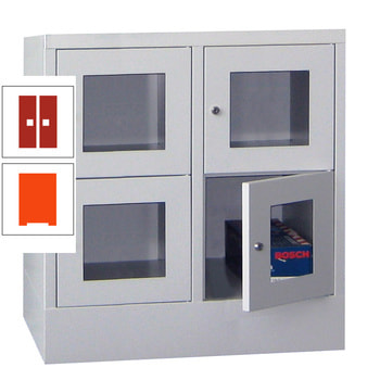 Schließfachschrank - Sichtfenstertüren - 4 Fächer a 400 mm - 855x800x500 mm (HxBxT) - Sockel - Drehriegel - reinorange/feuerrot RAL 3000 Feuerrot | RAL 2004 Reinorange