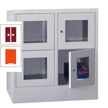 Schließfachschrank - Sichtfenstertüren - 4 Fächer a 400 mm - 855x800x500 mm (HxBxT) - Sockel - Drehriegel - reinorange/rubinrot RAL 3003 Rubinrot | RAL 2004 Reinorange