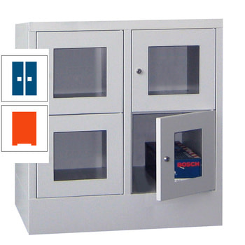 Schließfachschrank - Sichtfenstertüren - 4 Fächer a 400 mm - 855x800x500 mm (HxBxT) - Sockel - Drehriegel - reinorange/enzianblau RAL 5010 Enzianblau | RAL 2004 Reinorange