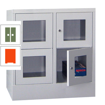 Schließfachschrank - Sichtfenstertüren - 4 Fächer a 400 mm - 855x800x500 mm (HxBxT) - Sockel - Drehriegel - reinorange/resedagrün RAL 6011 Resedagrün | RAL 2004 Reinorange