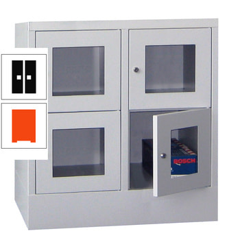 Schließfachschrank - Sichtfenstertüren - 4 Fächer a 400 mm - 855x800x500 mm (HxBxT) - Sockel - Drehriegel - reinorange/tiefschwarz RAL 9005 Tiefschwarz | RAL 2004 Reinorange