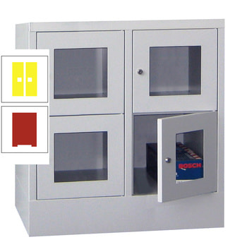 Schließfachschrank - Sichtfenstertüren - 4 Fächer a 400 mm - 855x800x500 mm (HxBxT) - Sockel - Drehriegel - feuerrot/zinkgelb RAL 1018 Zinkgelb | RAL 3000 Feuerrot