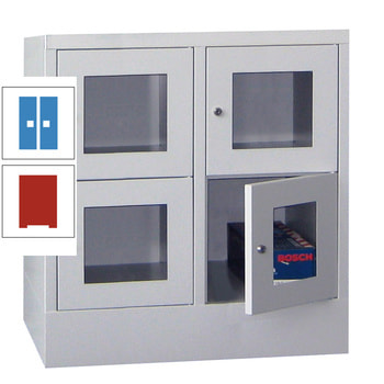 Schließfachschrank - Sichtfenstertüren - 4 Fächer a 400 mm - 855x800x500 mm (HxBxT) - Sockel - Drehriegel - feuerrot/lichtblau RAL 5012 Lichtblau | RAL 3000 Feuerrot
