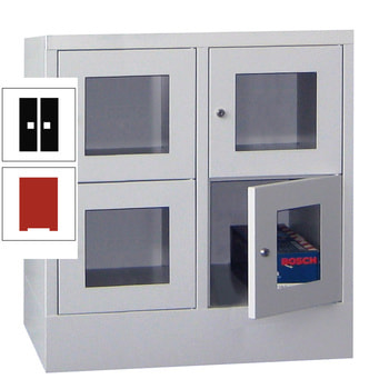 Schließfachschrank - Sichtfenstertüren - 4 Fächer a 400 mm - 855x800x500 mm (HxBxT) - Sockel - Drehriegel - feuerrot/tiefschwarz RAL 9005 Tiefschwarz | RAL 3000 Feuerrot