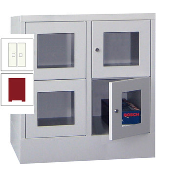 Schließfachschrank - Sichtfenstertüren - 4 Fächer a 400 mm - 855x800x500 mm (HxBxT) - Sockel - Drehriegel - rubinrot/reinweiß RAL 9010 Reinweiß | RAL 3003 Rubinrot