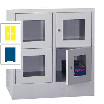Schließfachschrank - Sichtfenstertüren - 4 Fächer a 400 mm - 855x800x500 mm (HxBxT) - Sockel - Drehriegel - enzianblau/zinkgelb RAL 1018 Zinkgelb | RAL 5010 Enzianblau