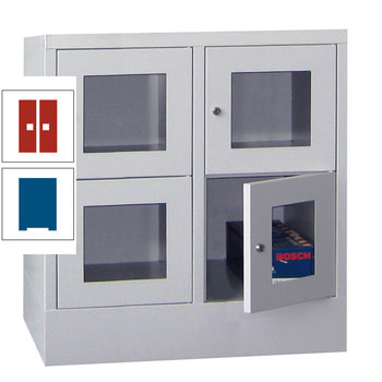 Schließfachschrank - Sichtfenstertüren - 4 Fächer a 400 mm - 855x800x500 mm (HxBxT) - Sockel - Drehriegel - enzianblau/feuerrot RAL 3000 Feuerrot | RAL 5010 Enzianblau