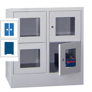 Schließfachschrank - Sichtfenstertüren - 4 Fächer a 400 mm - 855x800x500 mm (HxBxT) - Sockel - Drehriegel - enzianblau/himmelblau RAL 5015 Himmelblau | RAL 5010 Enzianblau