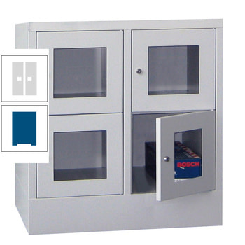 Schließfachschrank - Sichtfenstertüren - 4 Fächer a 400 mm - 855x800x500 mm (HxBxT) - Sockel - Drehriegel - enzianblau/lichtgrau RAL 7035 Lichtgrau | RAL 5010 Enzianblau