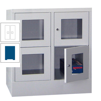 Schließfachschrank - Sichtfenstertüren - 4 Fächer a 400 mm - 855x800x500 mm (HxBxT) - Sockel - Drehriegel - enzianblau/reinweiß RAL 9010 Reinweiß | RAL 5010 Enzianblau