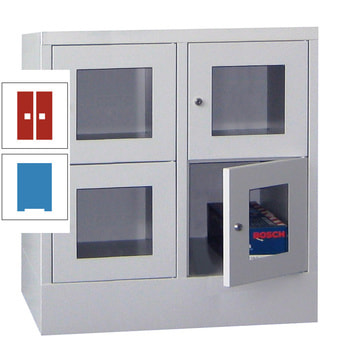 Schließfachschrank - Sichtfenstertüren - 4 Fächer a 400 mm - 855x800x500 mm (HxBxT) - Sockel - Drehriegel - lichtblau/feuerrot RAL 3000 Feuerrot | RAL 5012 Lichtblau
