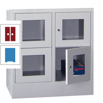 Schließfachschrank - Sichtfenstertüren - 4 Fächer a 400 mm - 855x800x500 mm (HxBxT) - Sockel - Drehriegel - lichtblau/rubinrot RAL 3003 Rubinrot | RAL 5012 Lichtblau