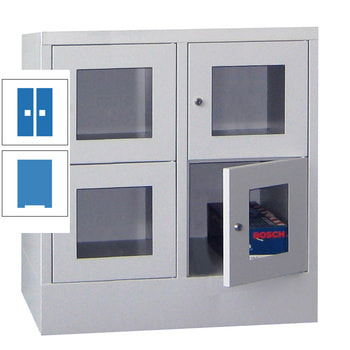 Schließfachschrank - Sichtfenstertüren - 4 Fächer a 400 mm - 855x800x500 mm (HxBxT) - Sockel - Drehriegel - lichtblau/himmelblau RAL 5015 Himmelblau | RAL 5012 Lichtblau