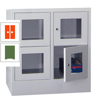 Schließfachschrank - Sichtfenstertüren - 4 Fächer a 400 mm - 855x800x500 mm (HxBxT) - Sockel - Drehriegel - resedagrün/reinorange RAL 2004 Reinorange | RAL 6011 Resedagrün