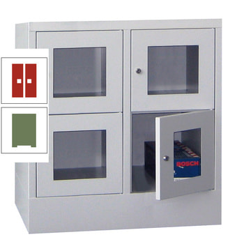 Schließfachschrank - Sichtfenstertüren - 4 Fächer a 400 mm - 855x800x500 mm (HxBxT) - Sockel - Drehriegel - resedagrün/feuerrot RAL 3000 Feuerrot | RAL 6011 Resedagrün