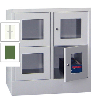 Schließfachschrank - Sichtfenstertüren - 4 Fächer a 400 mm - 855x800x500 mm (HxBxT) - Sockel - Drehriegel - resedagrün/reinweiß RAL 9010 Reinweiß | RAL 6011 Resedagrün