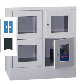 Schließfachschrank - Sichtfenstertüren - 4 Fächer a 400 mm - 855x800x500 mm (HxBxT) - Sockel - Drehriegel - anthrazitgrau/lichtblau RAL 5012 Lichtblau | RAL 7016 Anthrazitgrau