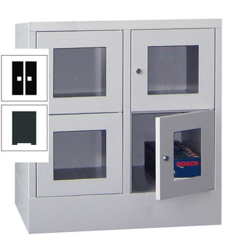 Schließfachschrank - Sichtfenstertüren - 4 Fächer a 400 mm - 855x800x500 mm (HxBxT) - Sockel - Drehriegel - anthrazitgrau/tiefschwarz RAL 9005 Tiefschwarz | RAL 7016 Anthrazitgrau