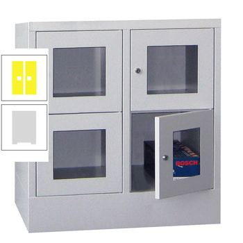 Schließfachschrank - Sichtfenstertüren - 4 Fächer a 400 mm - 855x800x500 mm (HxBxT) - Sockel - Drehriegel - lichtgrau/zinkgelb RAL 1018 Zinkgelb | RAL 7035 Lichtgrau