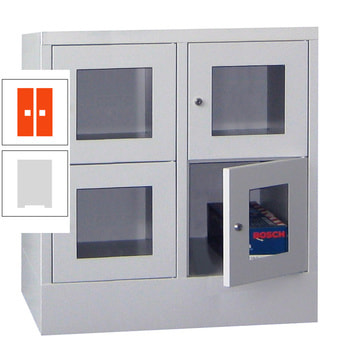 Schließfachschrank - Sichtfenstertüren - 4 Fächer a 400 mm - 855x800x500 mm (HxBxT) - Sockel - Drehriegel - lichtgrau/reinorange RAL 2004 Reinorange | RAL 7035 Lichtgrau