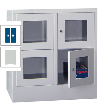 Schließfachschrank - Sichtfenstertüren - 4 Fächer a 400 mm - 855x800x500 mm (HxBxT) - Sockel - Drehriegel - lichtgrau/enzianblau RAL 5010 Enzianblau | RAL 7035 Lichtgrau