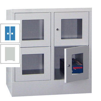 Schließfachschrank - Sichtfenstertüren - 4 Fächer a 400 mm - 855x800x500 mm (HxBxT) - Sockel - Drehriegel - lichtgrau/lichtblau RAL 5012 Lichtblau | RAL 7035 Lichtgrau