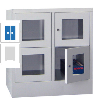 Schließfachschrank - Sichtfenstertüren - 4 Fächer a 400 mm - 855x800x500 mm (HxBxT) - Sockel - Drehriegel - lichtgrau/himmelblau RAL 5015 Himmelblau | RAL 7035 Lichtgrau