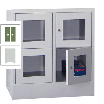 Schließfachschrank - Sichtfenstertüren - 4 Fächer a 400 mm - 855x800x500 mm (HxBxT) - Sockel - Drehriegel - lichtgrau/resedagrün RAL 6011 Resedagrün | RAL 7035 Lichtgrau