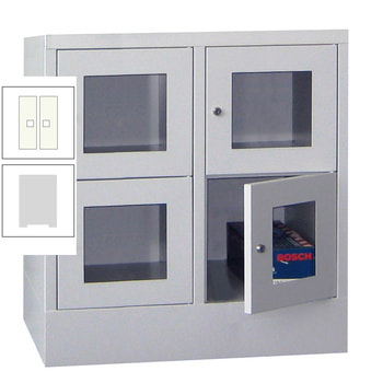 Schließfachschrank - Sichtfenstertüren - 4 Fächer a 400 mm - 855x800x500 mm (HxBxT) - Sockel - Drehriegel - lichtgrau/reinweiß RAL 9010 Reinweiß | RAL 7035 Lichtgrau