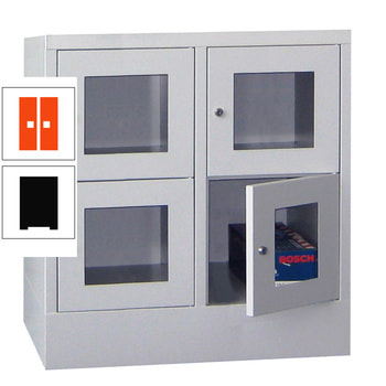 Schließfachschrank - Sichtfenstertüren - 4 Fächer a 400 mm - 855x800x500 mm (HxBxT) - Sockel - Drehriegel - tiefschwarz/reinorange RAL 2004 Reinorange | RAL 9005 Tiefschwarz