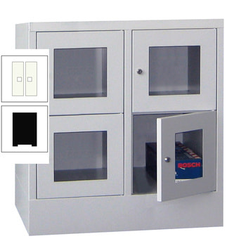 Schließfachschrank - Sichtfenstertüren - 4 Fächer a 400 mm - 855x800x500 mm (HxBxT) - Sockel - Drehriegel - tiefschwarz/reinweiß RAL 9010 Reinweiß | RAL 9005 Tiefschwarz