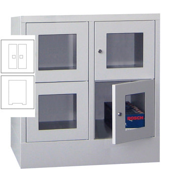 Schließfachschrank - Sichtfenstertüren - 4 Fächer a 400 mm - 855x800x500 mm (HxBxT) - Sockel - Drehriegel - reinweiß RAL 9010 Reinweiß | RAL 9010 Reinweiß